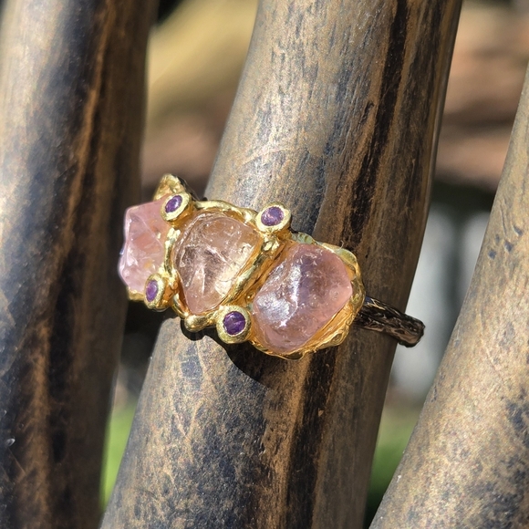 Pink Tourmaline & Amethyst Gemstone Sterling Rhodium & Gold Ring Sz7.25 - Picture 2 of 9
